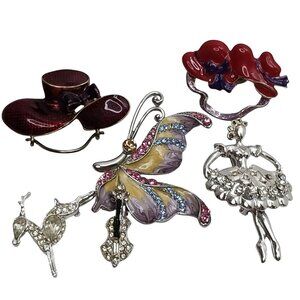 Vintage Rhinestone & Enamel Brooch Pin Lot of 6 Violin Butterfly Deer Ballerina